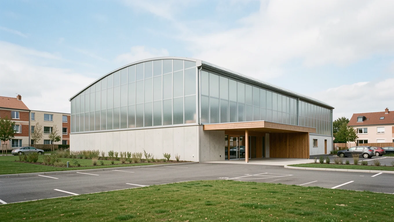Gymnase municipal contemporain avec façade translucide et socle en béton