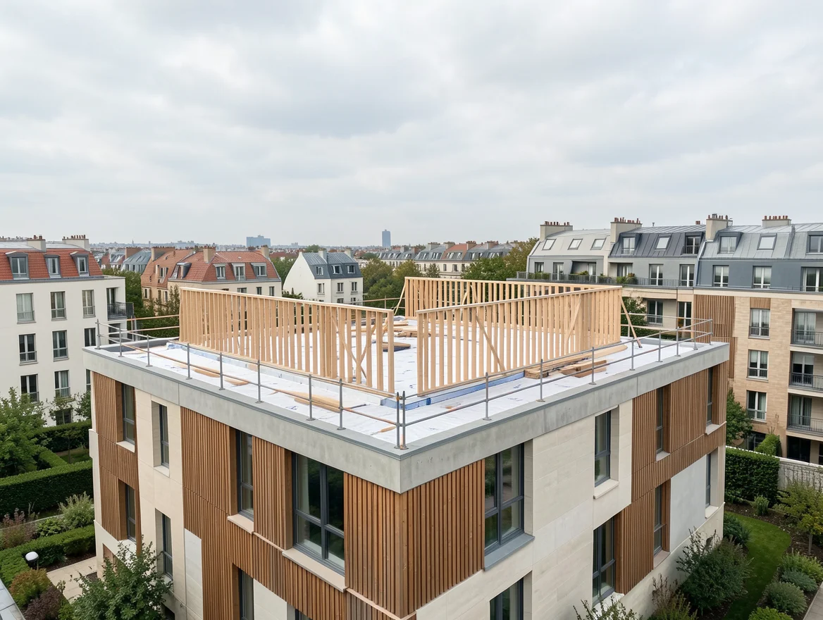 Panneaux à ossature bois posés sur le toit d'un immeuble existant pendant une surélévation