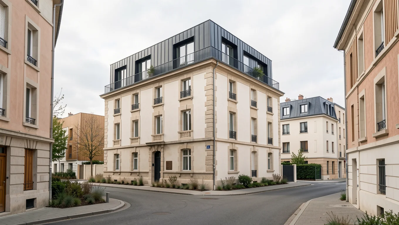 Immeuble ancien coiffé d'un étage contemporain en zinc