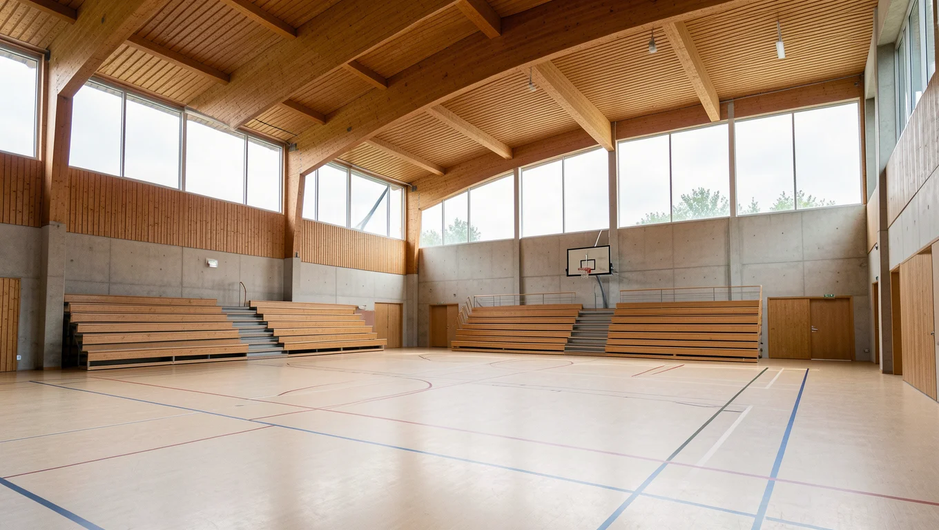 Salle multisports vide sous une charpente en bois lamellé-collé