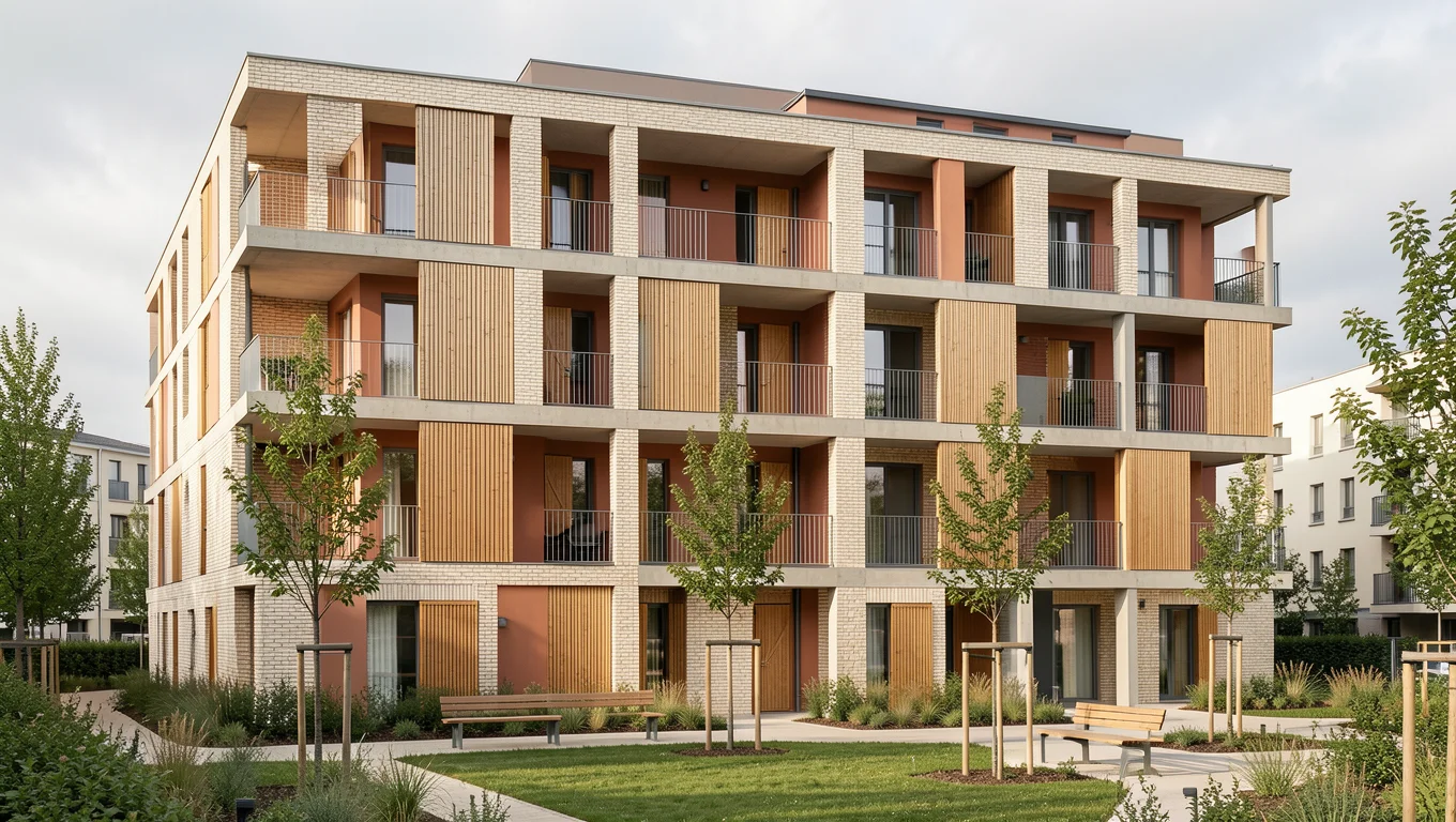 Immeuble de logements collectifs contemporain en brique claire avec loggias