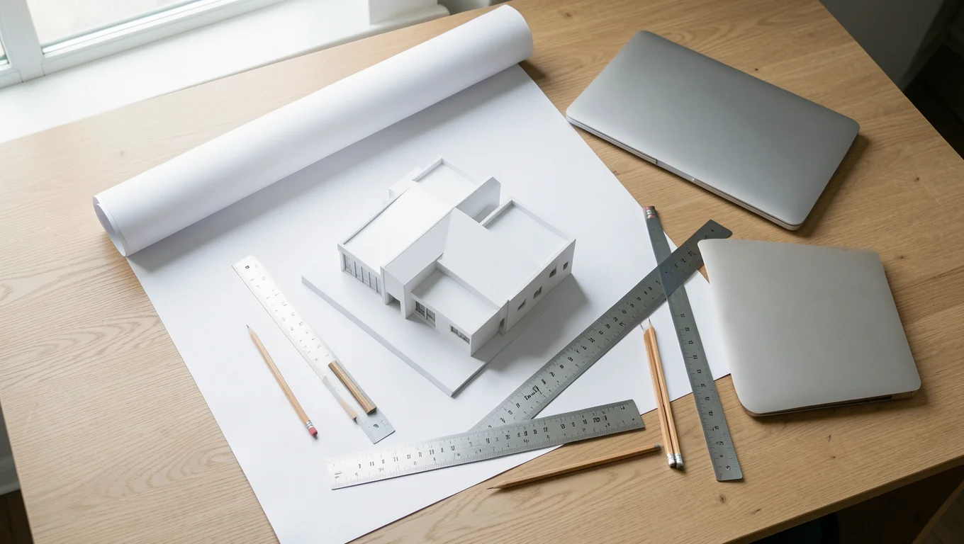 Table de travail d'architecte avec maquette blanche et calques vierges