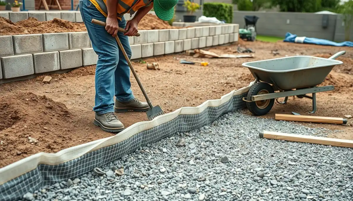 Préparation du sol pour une terrasse en béton désactivé avec lit de gravier compacté et film géotextile