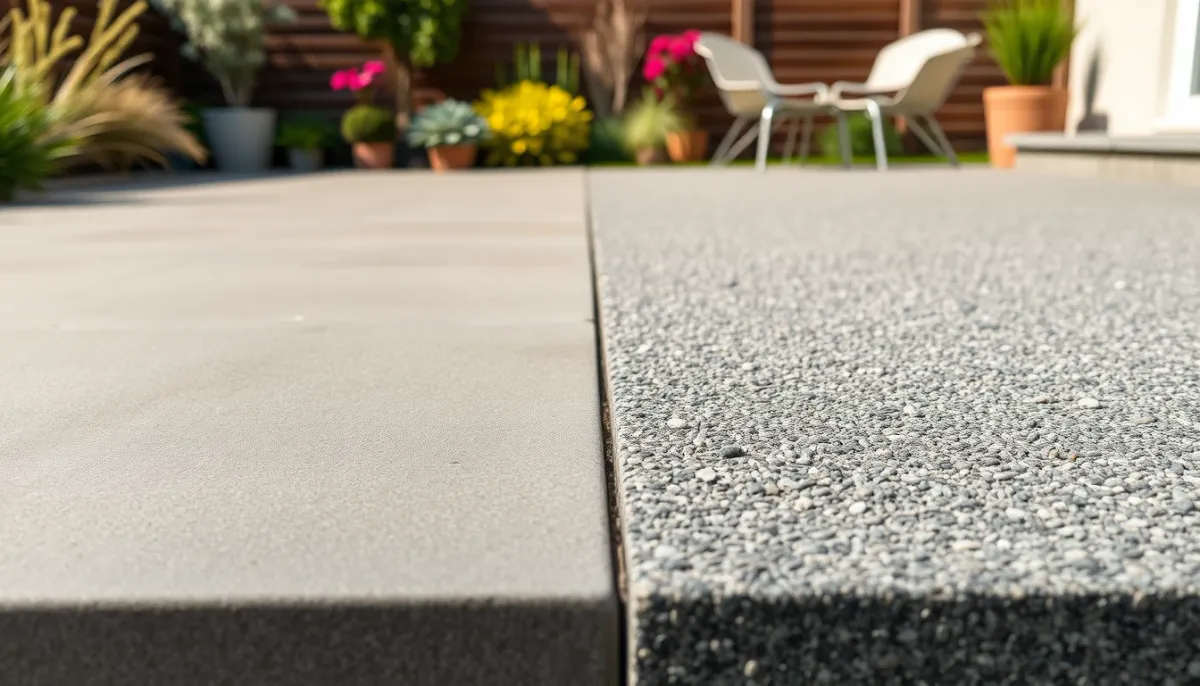 Comparaison visuelle entre une dalle de béton lisse et une terrasse en béton désactivé antidérapant
