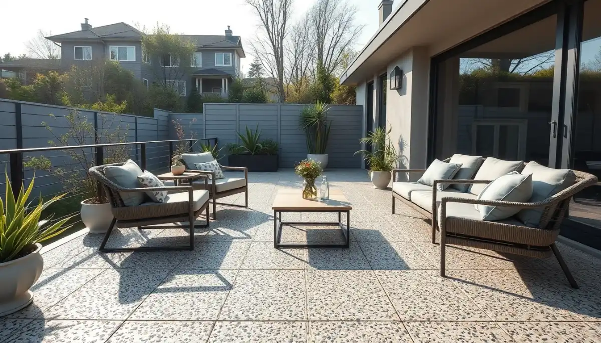 Terrasse en béton désactivé terminée avec mobilier extérieur, illustrant le rendu final et la durabilité
