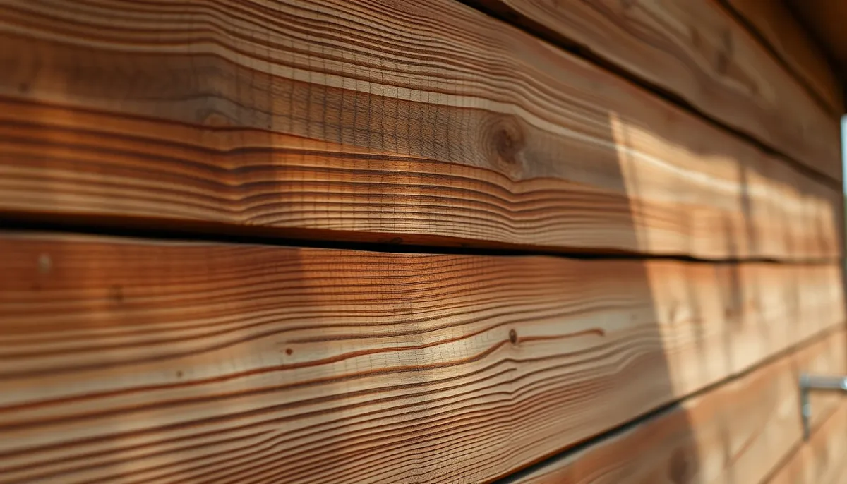 Gros plan sur la texture et le veinage d'un bardage bois extérieur durable