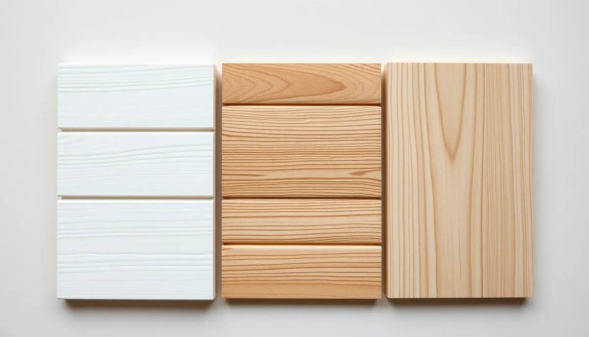 Échantillons de bardage PVC, composite et bois posés côte à côte pour comparaison