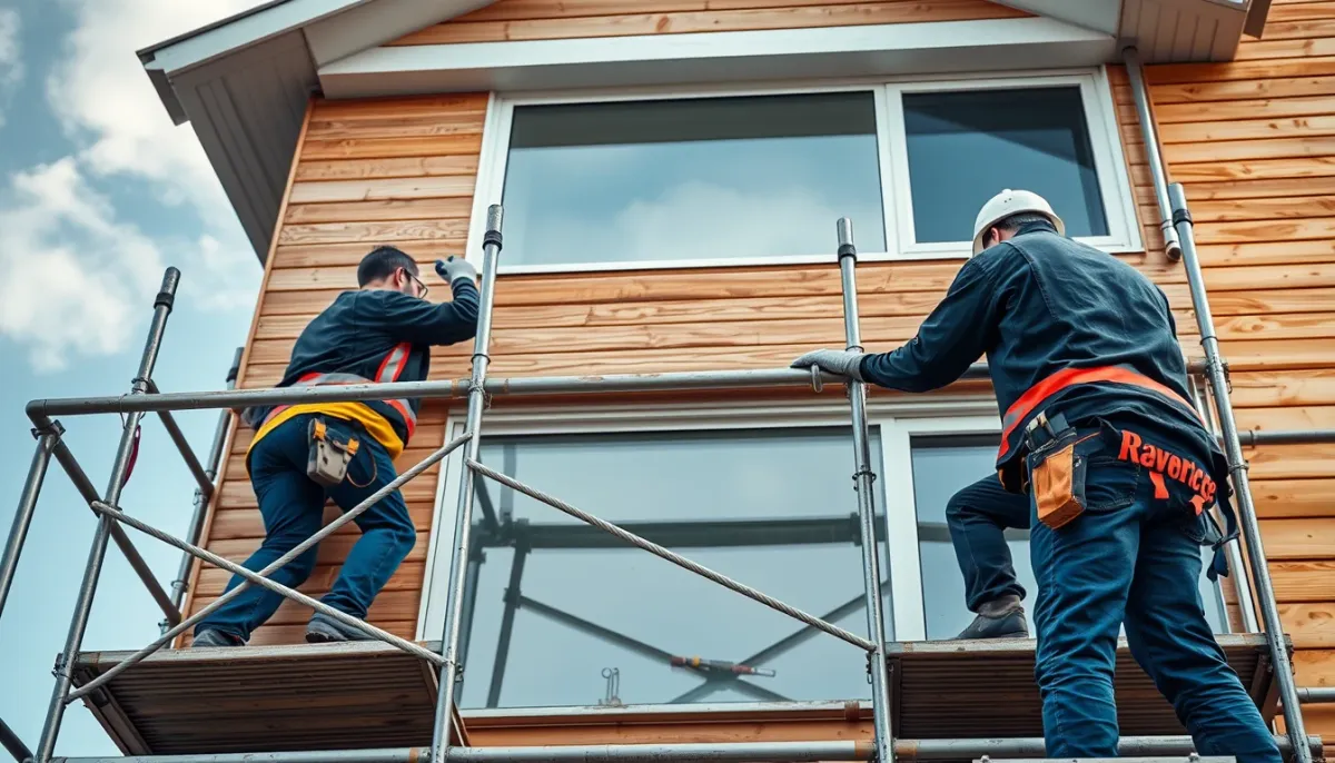Pose de bardage extérieur sur une façade avec échafaudage