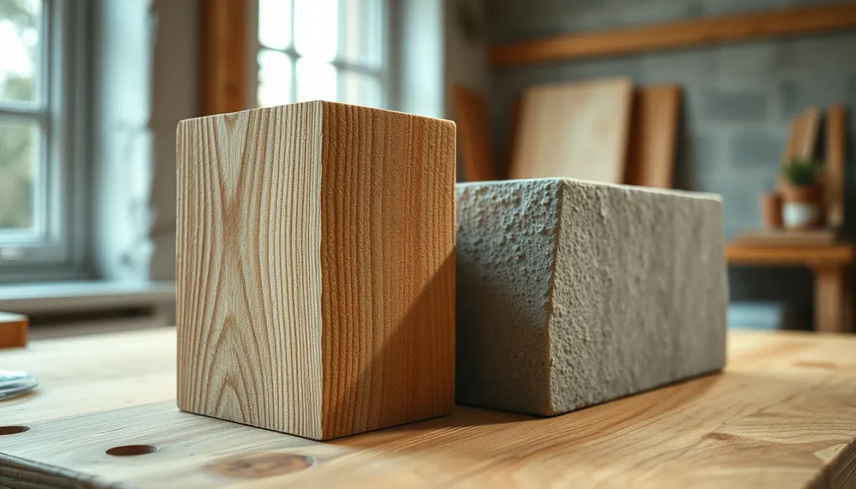 Comparaison rapprochée entre une poutre en bois et un parpaing de béton