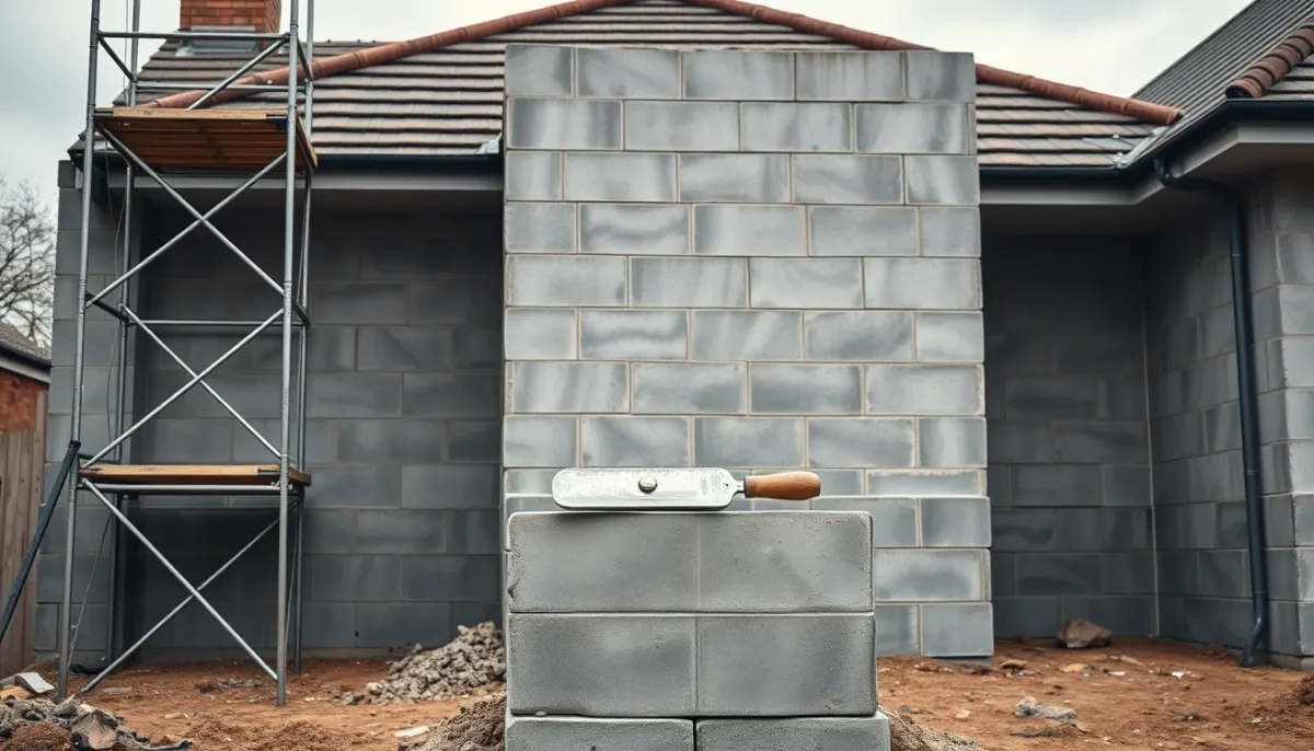Mur en parpaing d'une extension en construction avec échafaudage