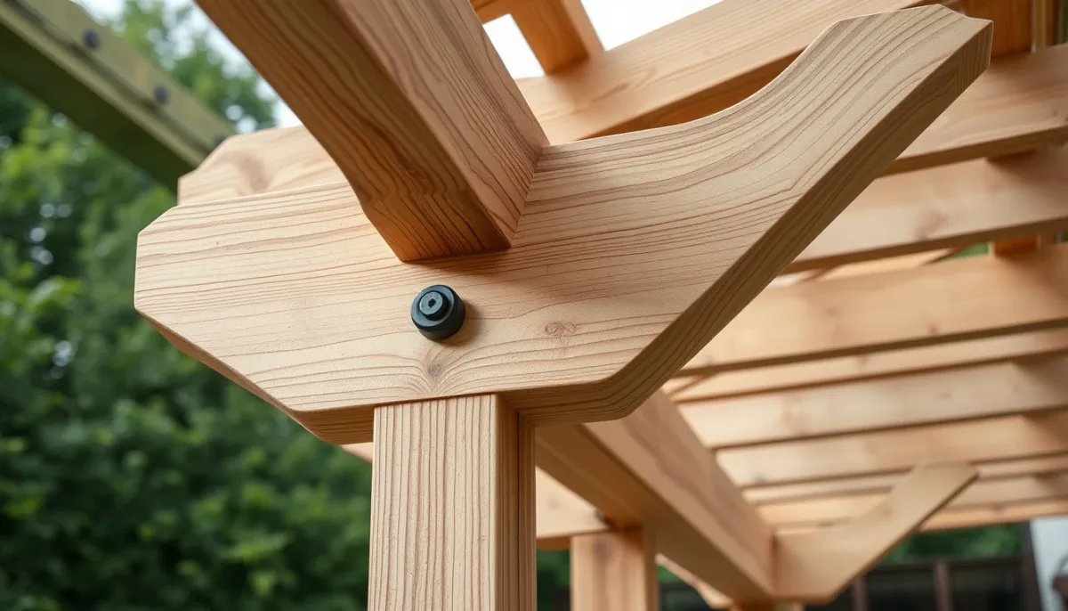 Gros plan sur l'assemblage et les fixations d'une pergola en bois