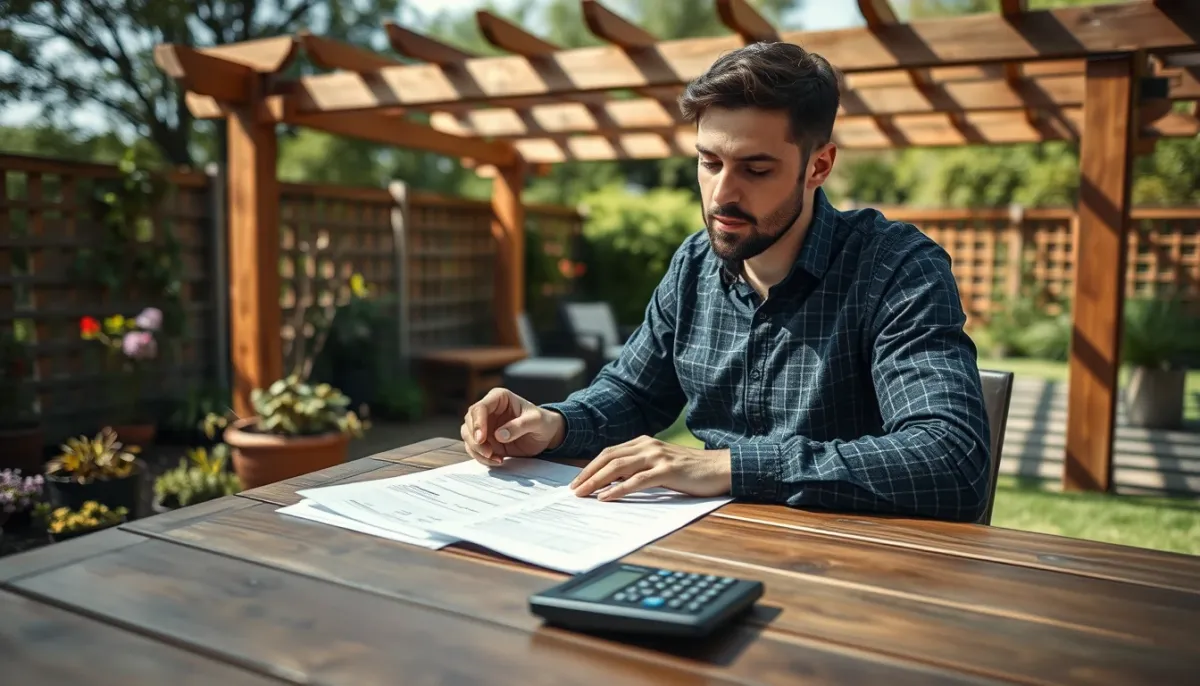 Personne consultant des devis et calculant le budget pour une pergola en bois