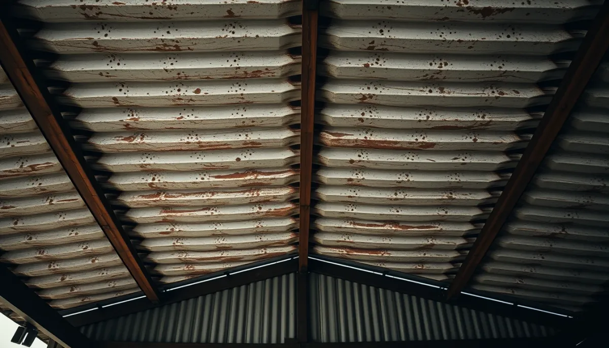 Toiture en tôle ondulée vieillissante sur un bâtiment agricole, vue en contre-plongée