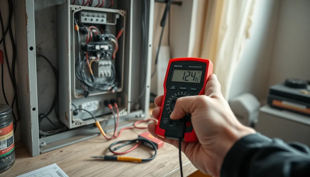 Diagnostic technique d'un tableau électrique ancien avec multimètre, illustrant l'importance de l'état des lieux avant rénovation