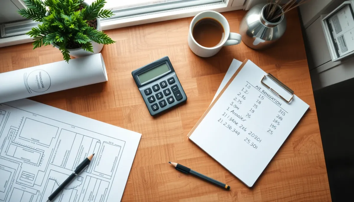 Planification d'un budget de rénovation avec plans, calculatrice et carnet de notes sur un bureau en bois