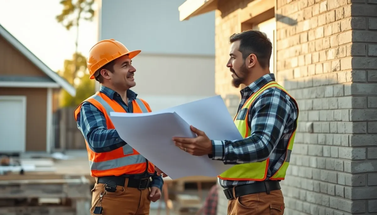 Réunion de chantier entre un propriétaire et un artisan devant des plans, illustrant le suivi hebdomadaire des travaux