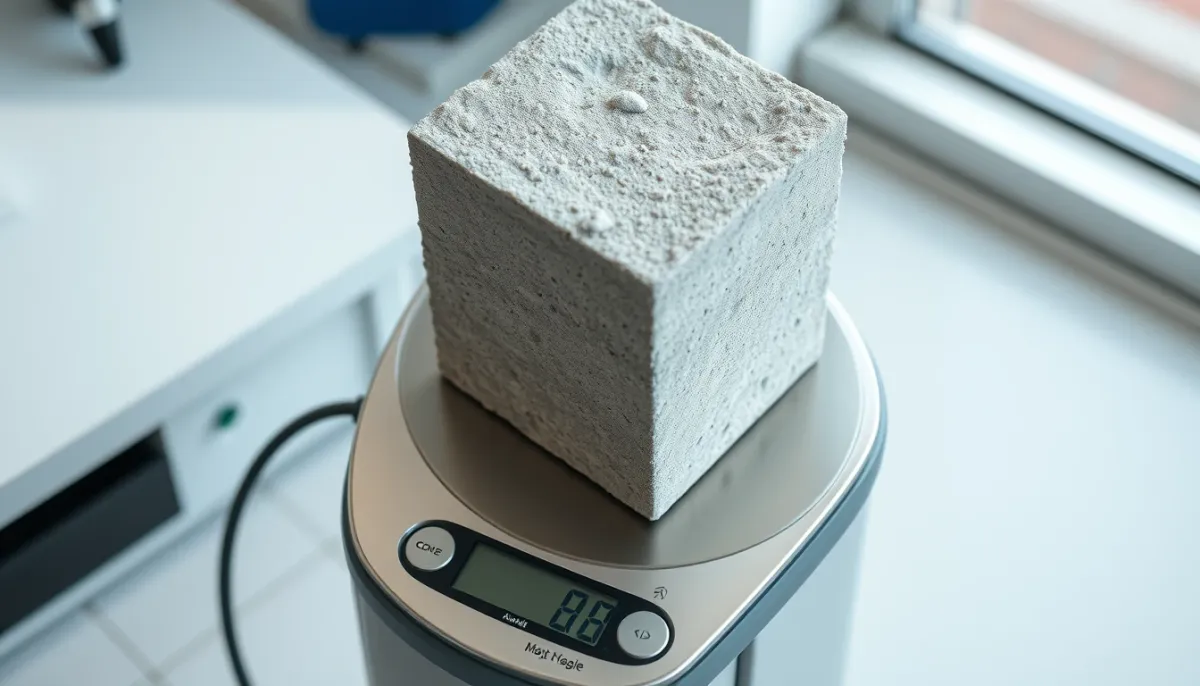Cube de béton posé sur une balance numérique pour mesurer sa masse volumique