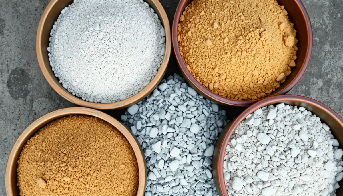 Différents granulats pour béton : sable, gravier, argile expansée et barytine