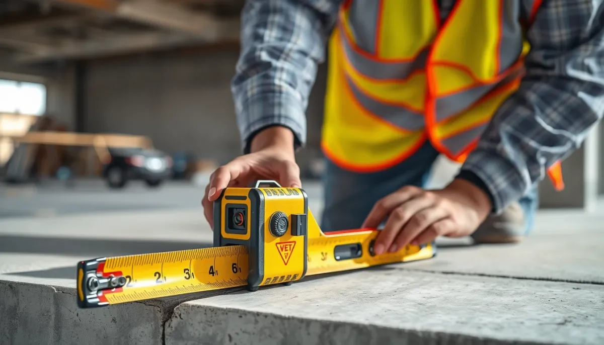 Ingénieur vérifiant la portance d'une dalle en béton avec un niveau et un mètre ruban