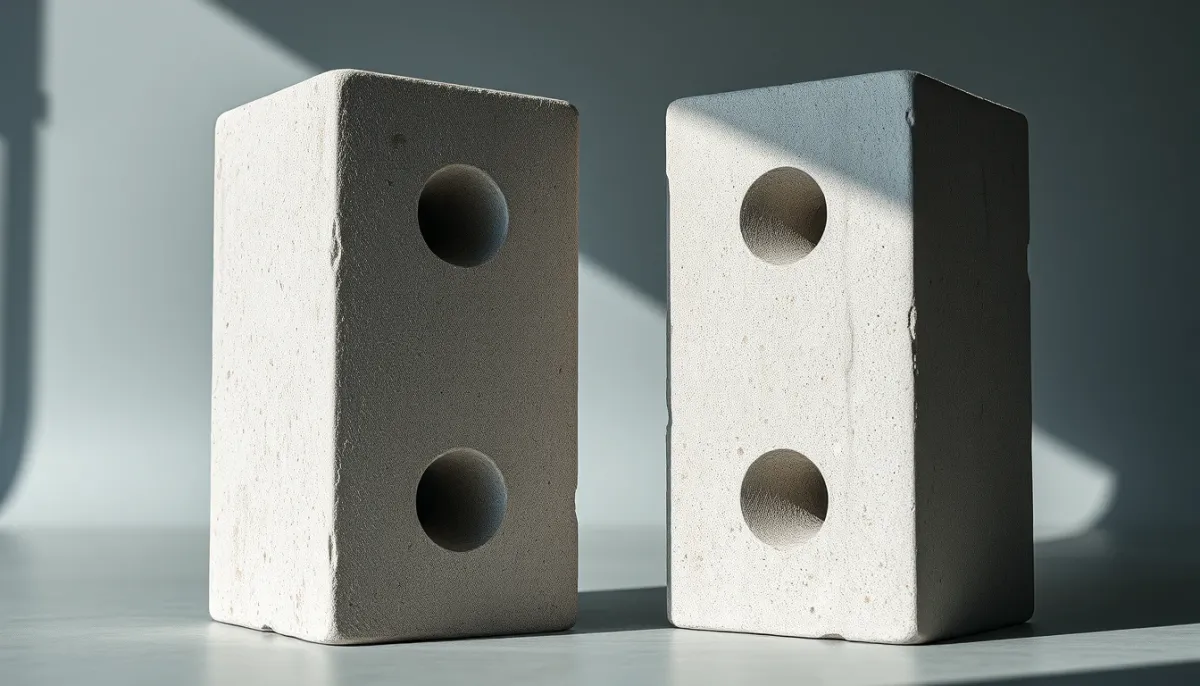 Comparaison entre un bloc de béton léger et un bloc de béton lourd côte à côte