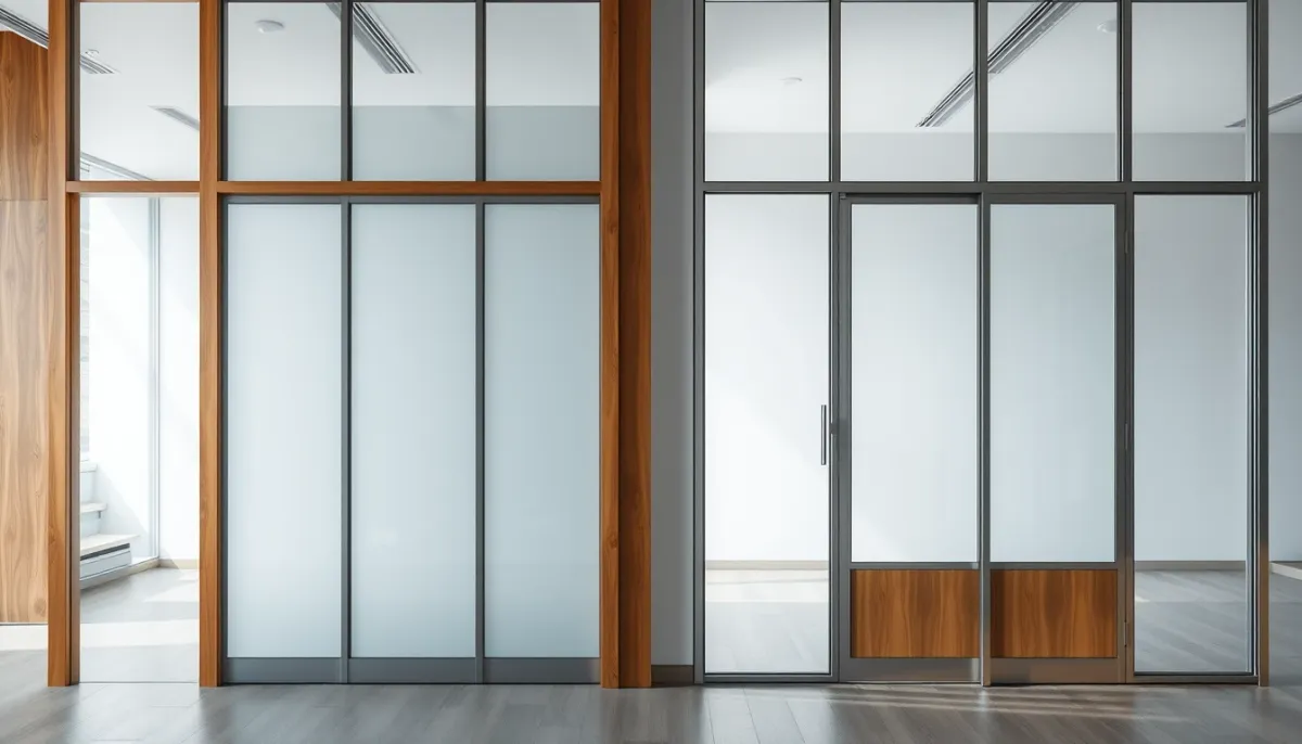 Comparaison côte à côte d'une verrière en bois et d'une verrière en acier dans un intérieur moderne