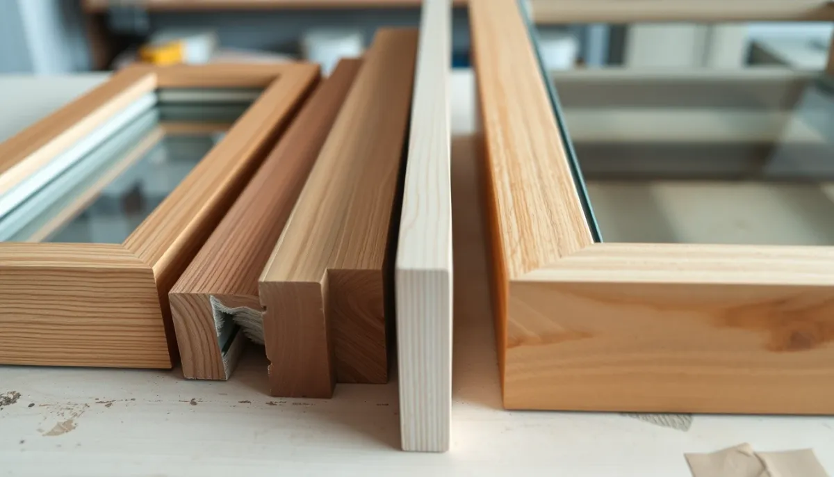 Échantillons de bois (chêne, douglas, pin) et de vitrages (double, triple, feuilleté) pour verrière en bois