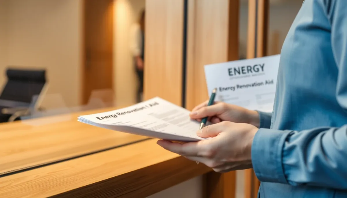 Personne remplissant des documents d'aide à la rénovation énergétique près d'une verrière en bois