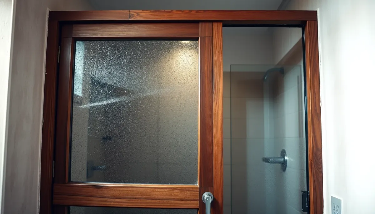 Verrière en bois dans une salle de bain humide montrant des signes d'usure et de condensation