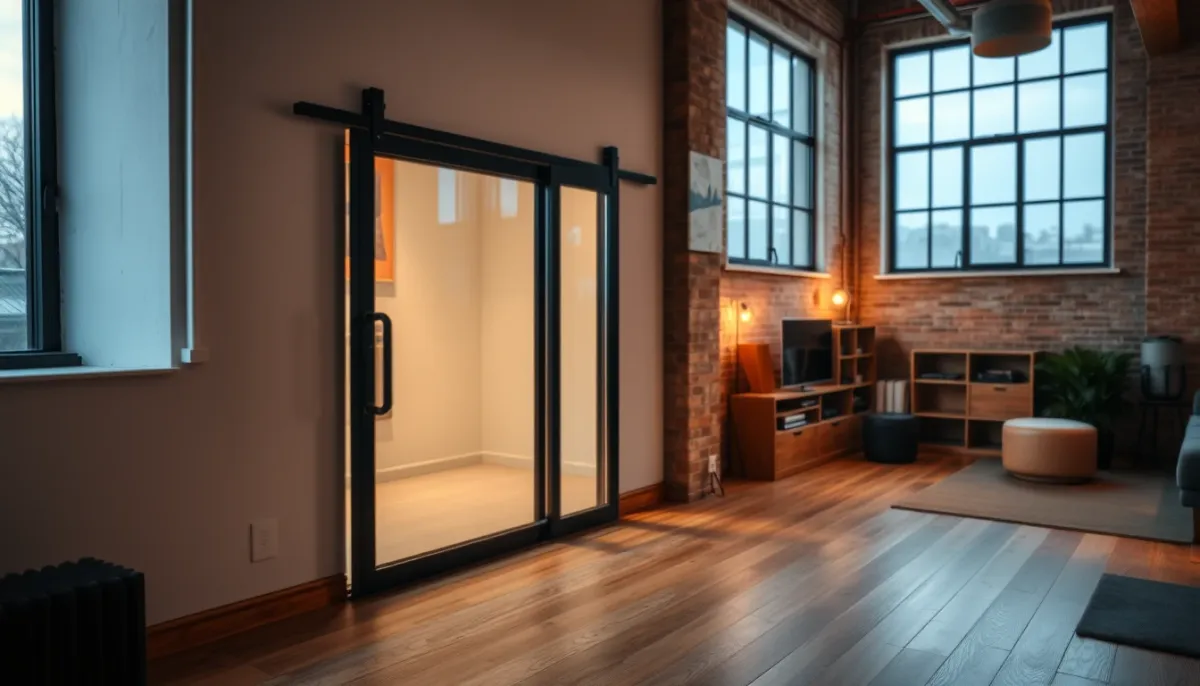 Porte de verrière coulissante à cadre acier noir dans un loft contemporain