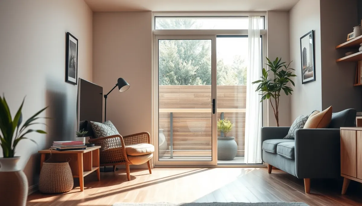 Petit espace de vie avec porte de verrière coulissante optimisant l'espace au sol