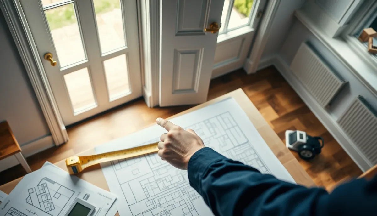 Personne mesurant l'espace devant une ouverture pour choisir entre porte coulissante et battante