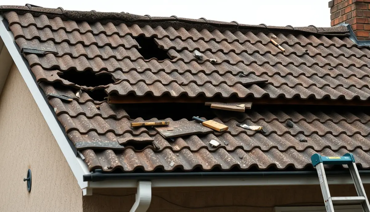 Toiture ancienne endommagée avec tuiles cassées, nécessitant une rénovation plutôt qu'un simple nettoyage