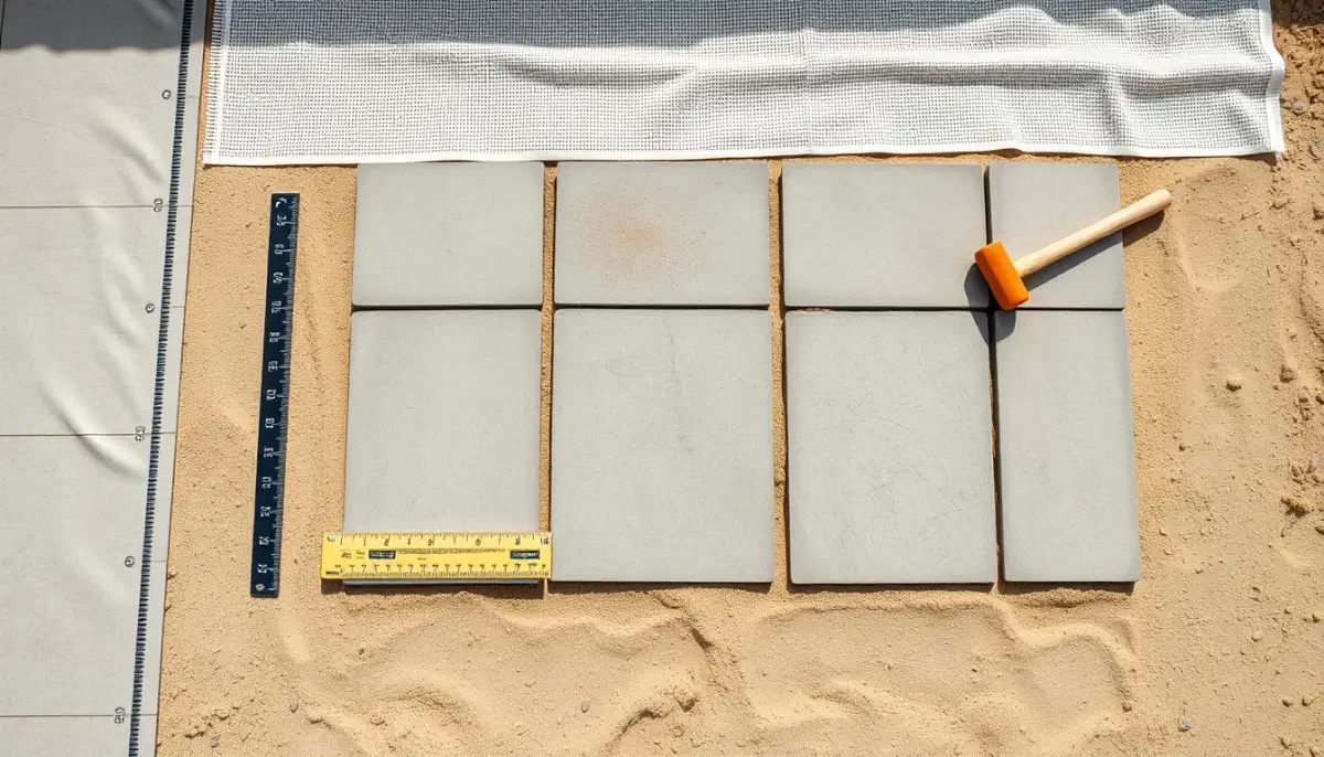 Étapes de pose de dalles gravillonnées sur lit de sable avec géotextile et règle de maçon