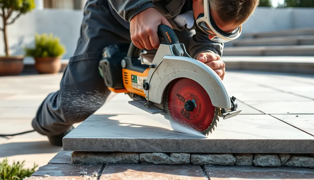 Professionnel découpant une dalle gravillonnée à la disqueuse diamant sur une terrasse