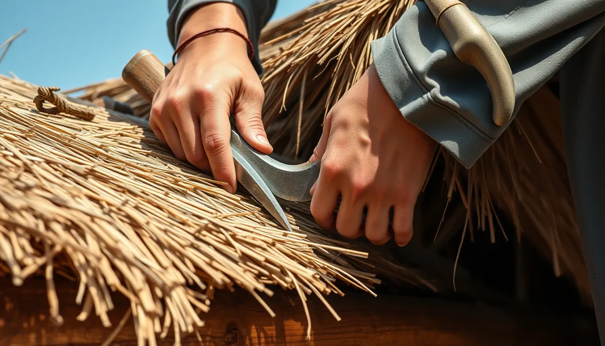 Artisan chaumier en train de poser de la paille sur un toit, vue de côté sur les mains et les outils