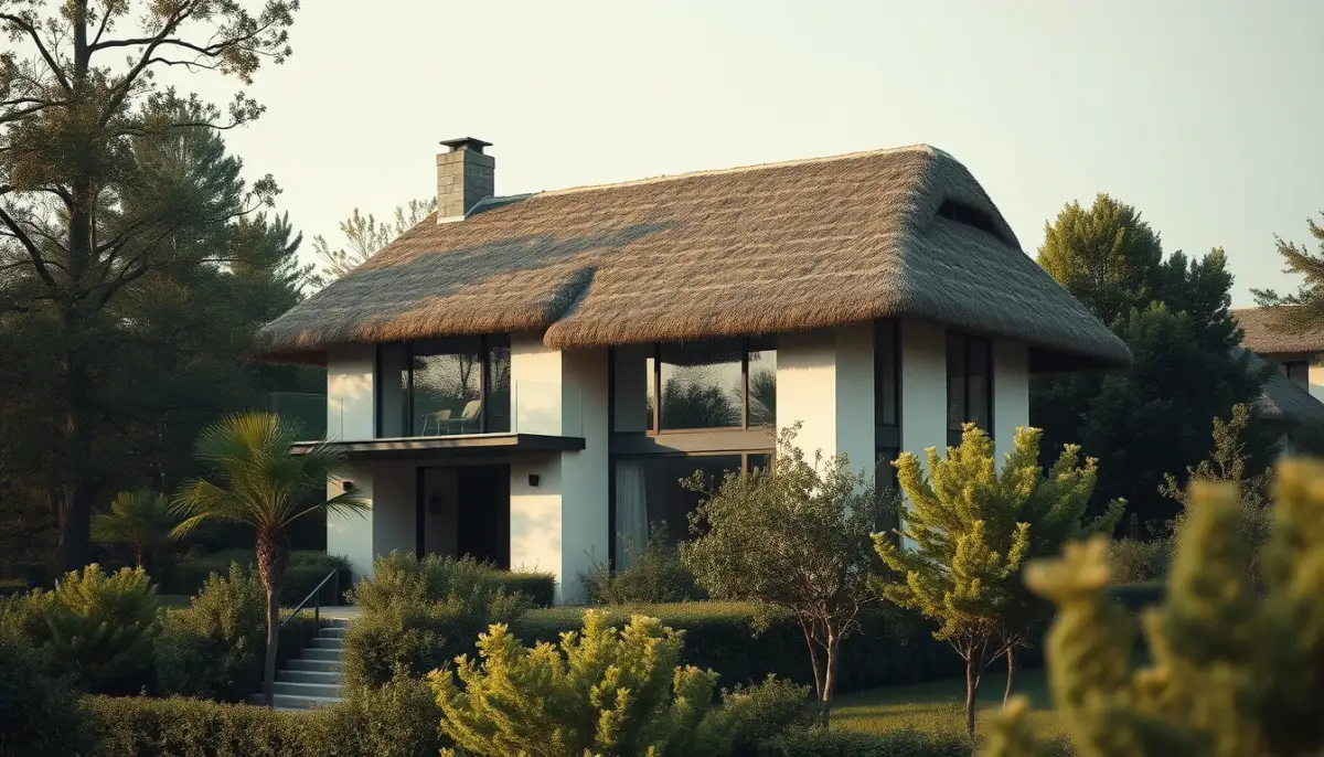 Maison contemporaine avec toiture en chaume intégrée dans un environnement arboré