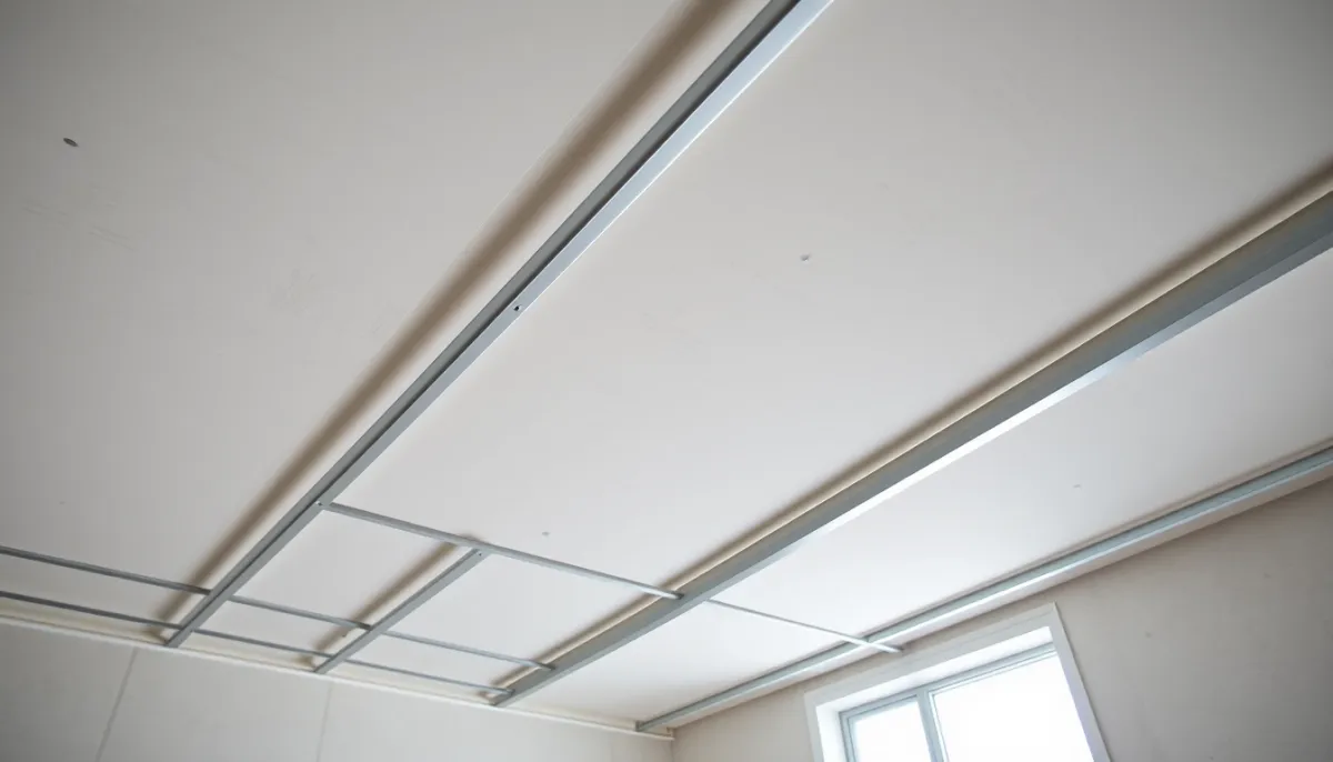 Vue de dessous d'un plafond en cours d'installation avec des fourrures métalliques et des plaques de plâtre