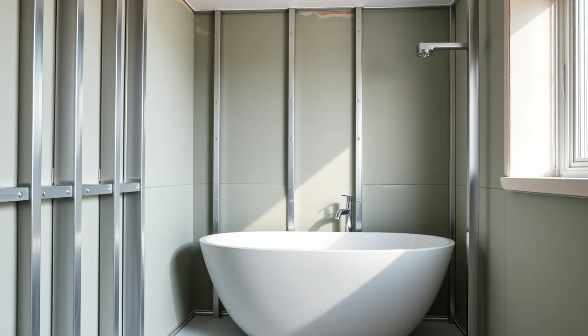 Rénovation d'une salle de bain avec des plaques de plâtre hydrofuges et des fourrures galvanisées