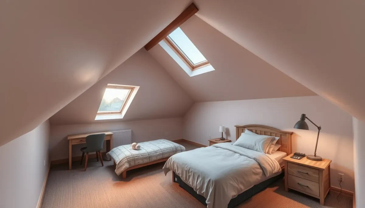 Chambre aménagée sous les toits avec fenêtre de toit et mobilier