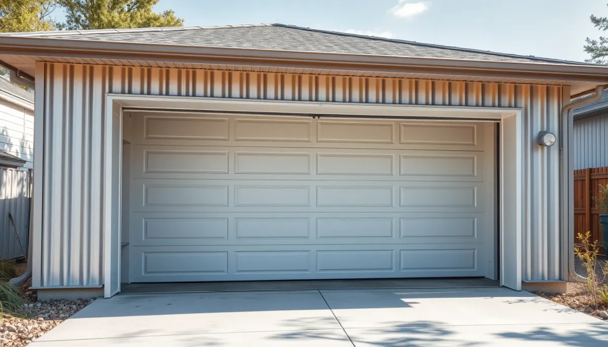 Garage terminé avec bardage en tôle, rendu final moderne