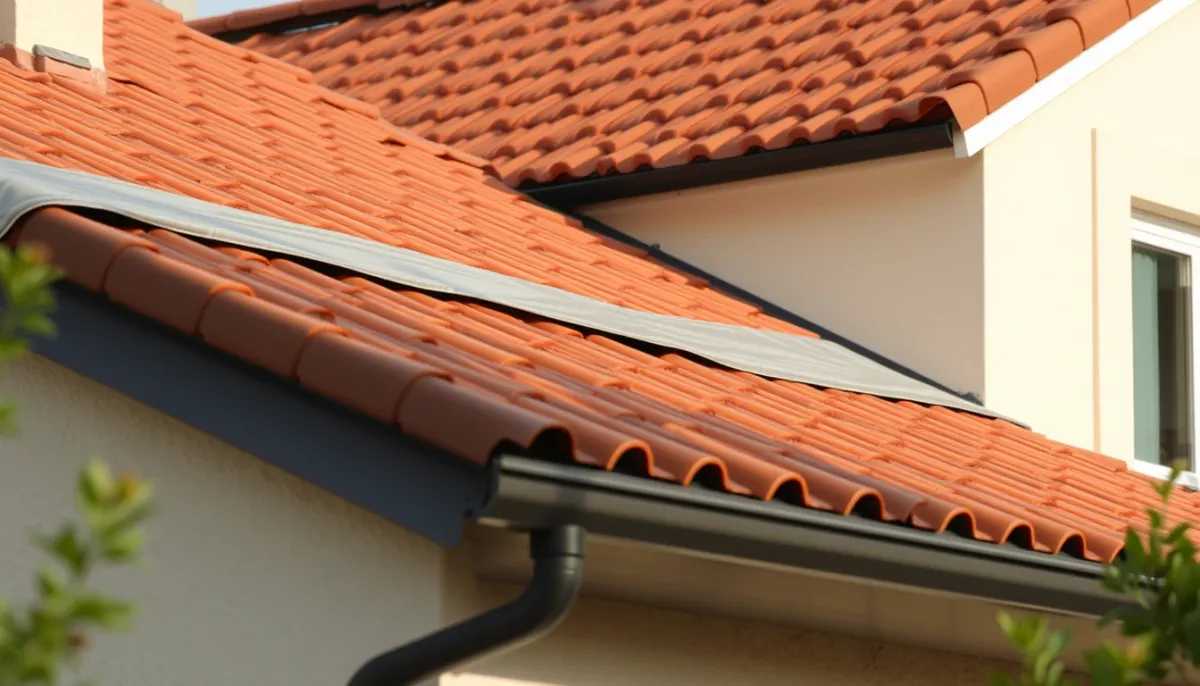 Toiture en tuiles romanes en cours de rénovation avec une bâche de protection