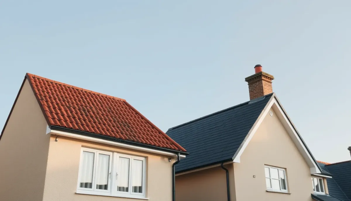 Comparaison entre une toiture en tuiles romanes et une toiture en ardoise sur deux maisons voisines