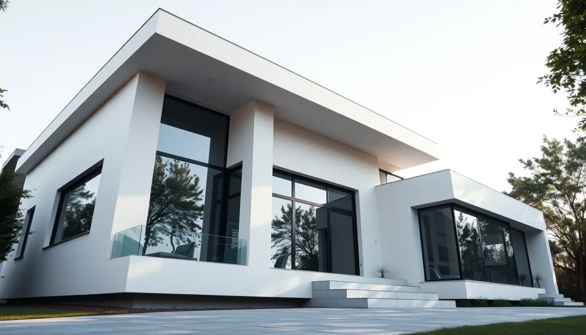 Façade d'une maison contemporaine aux volumes géométriques et toit plat