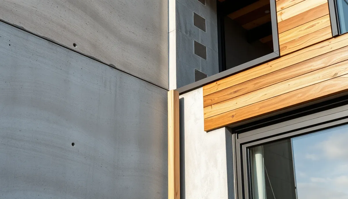 Gros plan sur des matériaux bruts : béton, bois, acier et verre