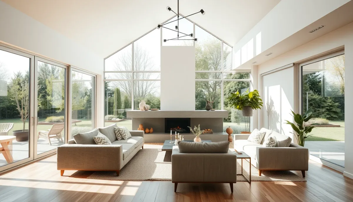 Intérieur lumineux d'une maison contemporaine avec baies vitrées et plan ouvert