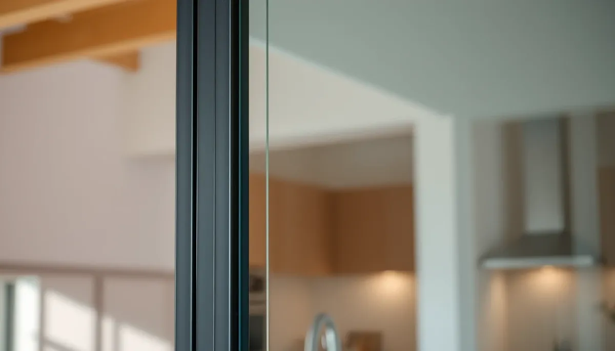 Détail d'une verrière en acier avec cadre noir et vitrage