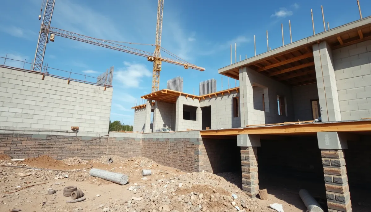 Chantier de construction montrant les différents éléments couverts par la garantie décennale