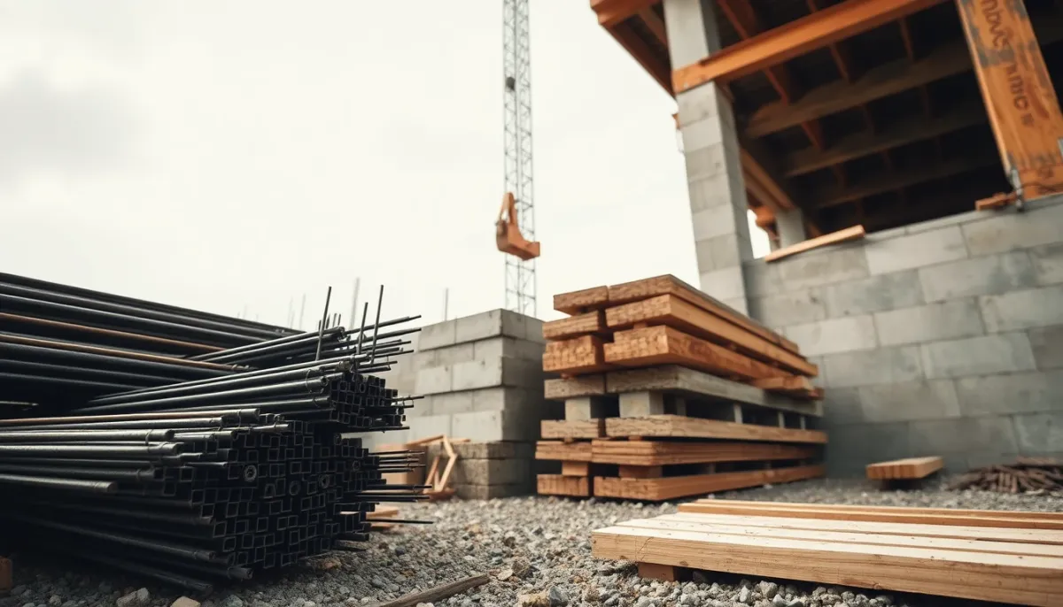 Matériaux de construction empilés sur un chantier : barres d'acier, blocs de béton et planches de bois