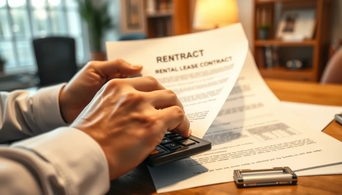 Mains feuilletant un contrat de bail avec une calculatrice, symbolisant la révision des loyers
