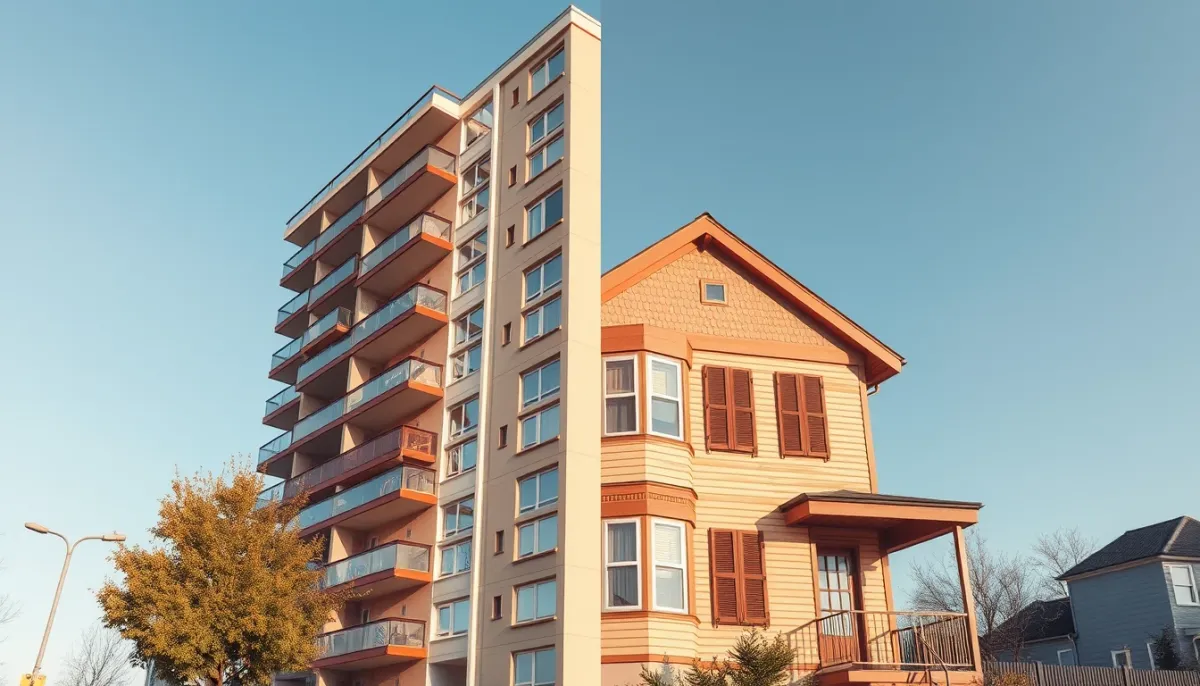 Comparaison entre un immeuble moderne et une maison traditionnelle, illustrant le choix de l'indice approprié